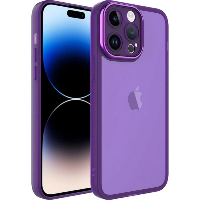 Case 4U Apple iPhone 14 Pro Kılıf Kamera Korumalı Parlak Tasarımlı Renkli Darbe Emici Transparan Post Kapak Derin Mor