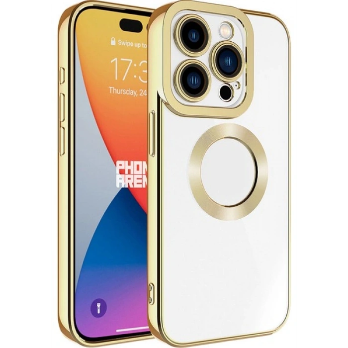 Case 4U Apple iPhone 15 Pro Kılıf Kamera Korumalı Logo Gösteren Omega Kapak Gold