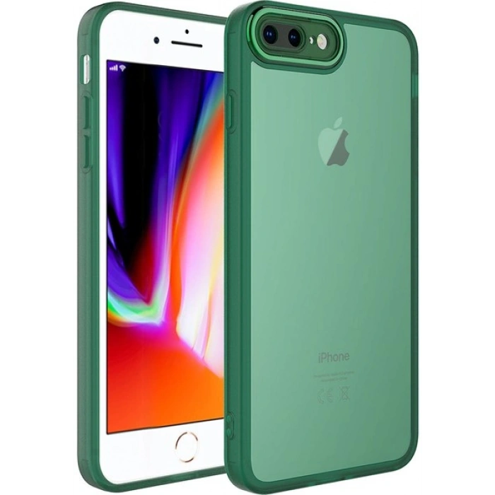 Case 4U Apple iPhone 7 Plus / 8 Plus Kılıf Kamera Korumalı Parlak Tasarımlı Renkli Darbe Emici Transparan Post Kapak Koyu Yeşil