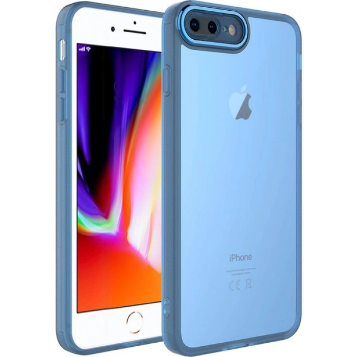 Case 4U Apple iPhone 7 Plus / 8 Plus Kılıf Kamera Korumalı Parlak Tasarımlı Renkli Darbe Emici Transparan Post Kapak Mavi