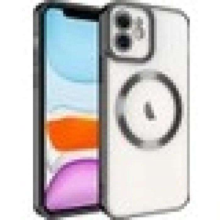 Case 4U iPhone 11 Kılıf Magsafe Wireless Şarj Destekli Kamera Korumalı Şeffaf Kenarları Renkli Setro Kapak Siyah