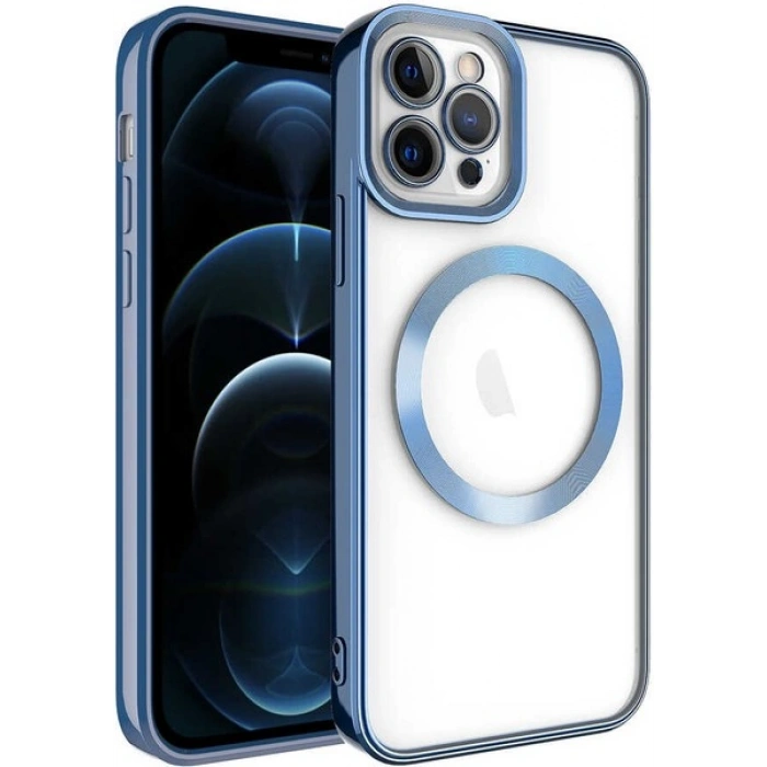 Case 4U iPhone 11 Pro Max Kılıf Magsafe Wireless Şarj Destekli Kamera Korumalı Şeffaf Kenarları Renkli Setro Kapak Mavi