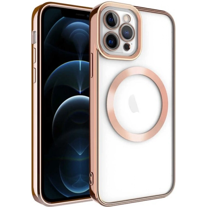 Case 4U iPhone 12 Pro Max Kılıf Magsafe Wireless Şarj Destekli Kamera Korumalı Şeffaf Kenarları Renkli Setro Kapak Rose Gold