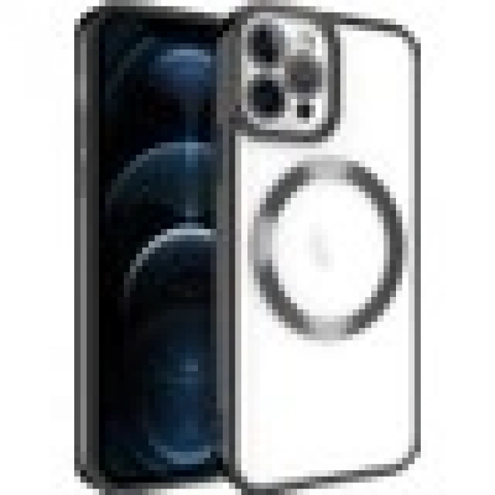 Case 4U iPhone 12 Pro Max Kılıf Magsafe Wireless Şarj Destekli Kamera Korumalı Şeffaf Kenarları Renkli Setro Kapak Siyah