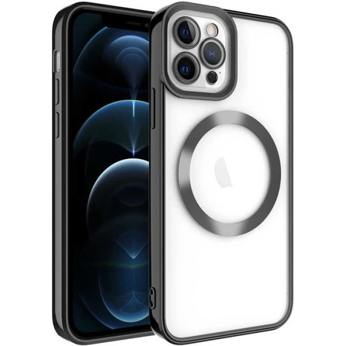 Case 4U iPhone 12 Pro Max Kılıf Magsafe Wireless Şarj Destekli Kamera Korumalı Şeffaf Kenarları Renkli Setro Kapak Siyah