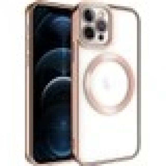 Case 4U iPhone 12 Pro Max Kılıf Magsafe Wireless Şarj Destekli Kamera Korumalı Şeffaf Kenarları Renkli Setro Kapak Rose Gold