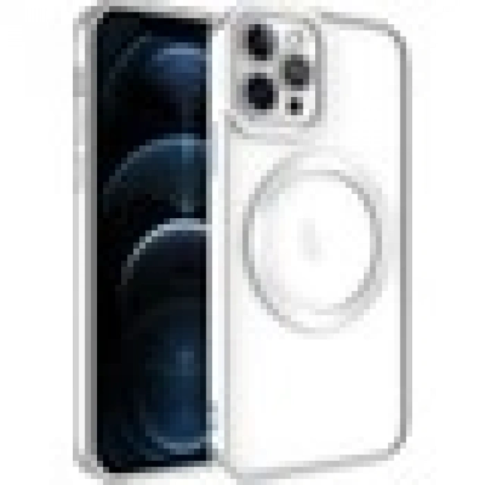 Case 4U iPhone 12 Pro Max Kılıf Magsafe Wireless Şarj Destekli Kamera Korumalı Şeffaf Kenarları Renkli Setro Kapak Gümüş