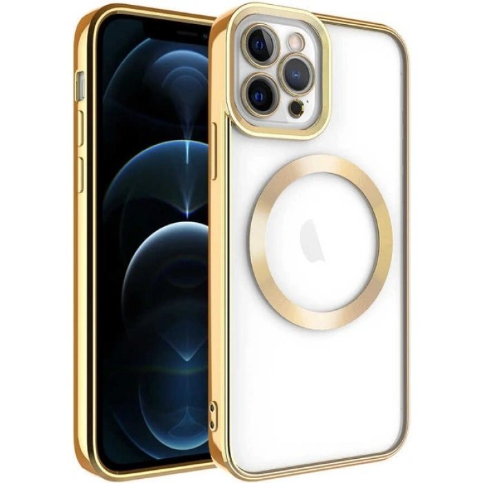 Case 4U iPhone 12 Pro Max Kılıf Magsafe Wireless Şarj Destekli Kamera Korumalı Şeffaf Kenarları Renkli Setro Kapak Altın