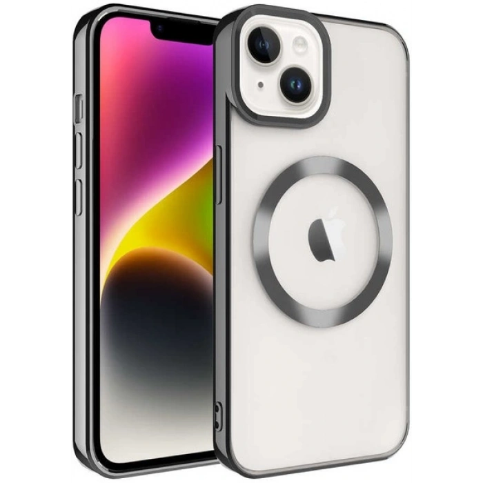 Case 4U iPhone 14 Kılıf Magsafe Wireless Şarj Destekli Kamera Korumalı Şeffaf Kenarları Renkli Setro Kapak Siyah
