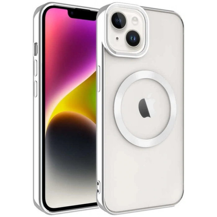 Case 4U iPhone 14 Plus Kılıf Magsafe Wireless Şarj Destekli Kamera Korumalı Şeffaf Kenarları Renkli Setro Kapak Gümüş