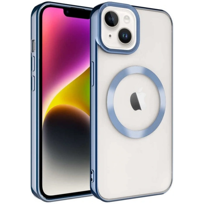 Case 4U iPhone 14 Plus Kılıf Magsafe Wireless Şarj Destekli Kamera Korumalı Şeffaf Kenarları Renkli Setro Kapak Mavi