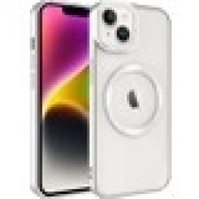 Case 4U iPhone 14 Plus Kılıf Magsafe Wireless Şarj Destekli Kamera Korumalı Şeffaf Kenarları Renkli Setro Kapak Gümüş
