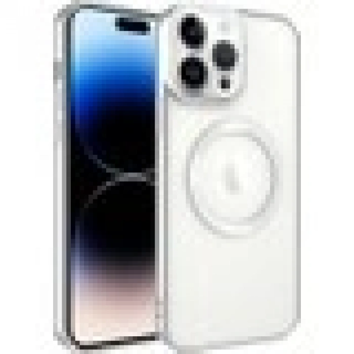 Case 4U iPhone 14 Pro Max Kılıf Magsafe Wireless Şarj Destekli Kamera Korumalı Şeffaf Kenarları Renkli Setro Kapak Gümüş