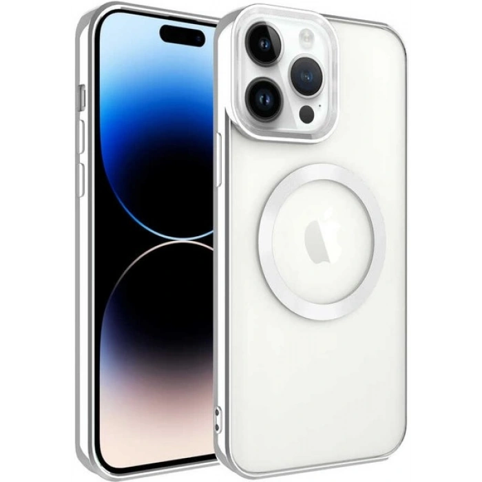 Case 4U iPhone 14 Pro Max Kılıf Magsafe Wireless Şarj Destekli Kamera Korumalı Şeffaf Kenarları Renkli Setro Kapak Gümüş
