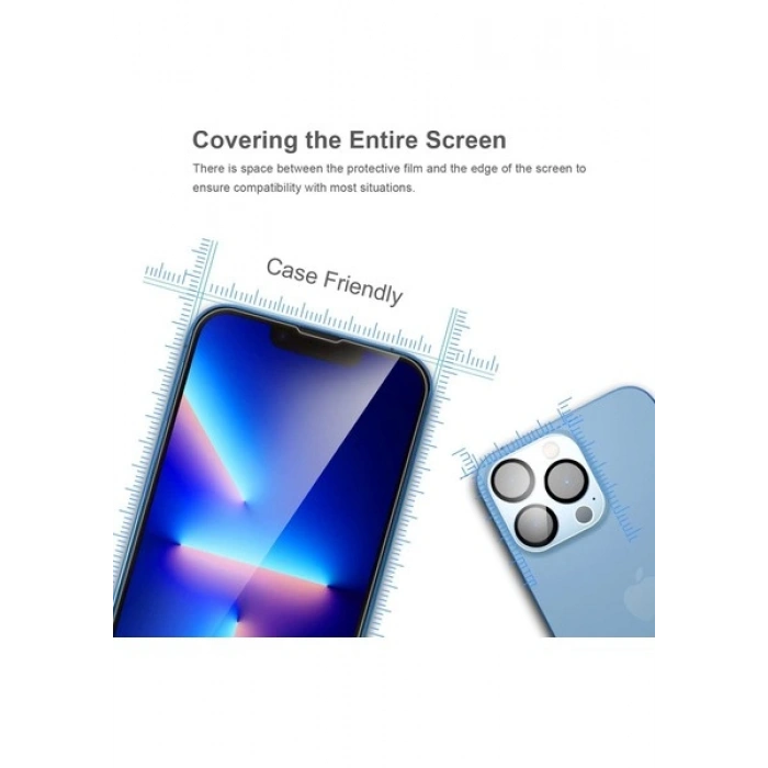 Case 4U iPhone 14 Tam Kaplayan Tamperli Cam Ekran Koruyucu Curved Kırılmaz Kenar Siyah