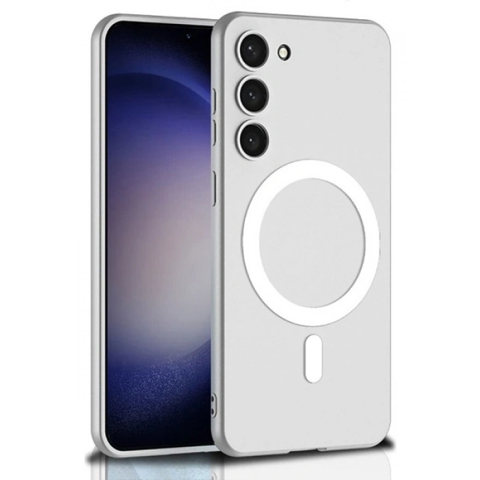 Case 4U Samsung Galaxy S23 Kılıf Kamera Korumalı Wireless Şarj Özellikli Kıpta Magsafe Silikon Kapak Gümüş
