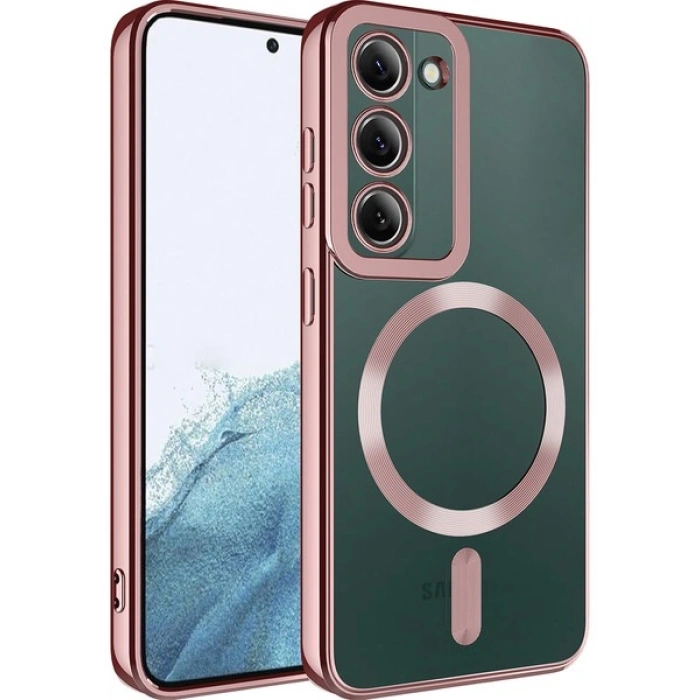 Case 4U Samsung Galaxy S23 Plus Uyumlu Kılıf Magsafe Wireless Şarj Destekli Kamera Korumalı Şeffaf Kenarları Renkli Setro Kapak Rose Gold