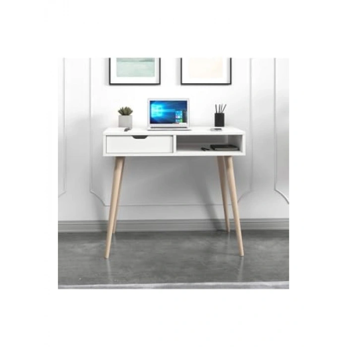 Çekmeceli Beyaz Çalışma Masası, Ahşap Ayaklı
