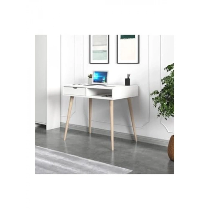 Çekmeceli Beyaz Çalışma Masası, Ahşap Ayaklı