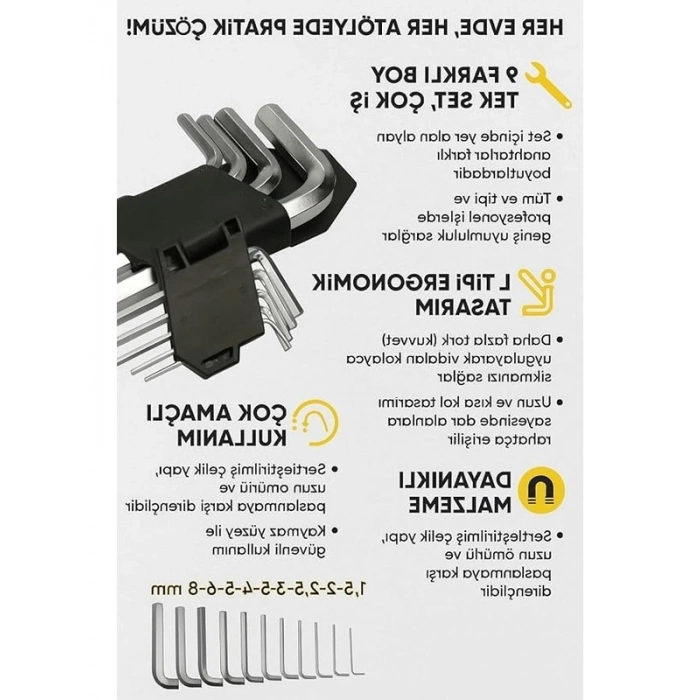 Çelik Alyan Anahtar Seti, 9 Parça, 1.5 mm ile 10 mm Arası Boyutlar