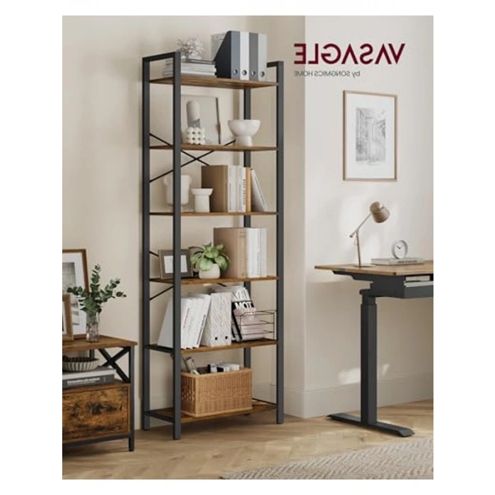 Çelik Çerçeveli 6 Katlı Kitaplık, Rustik Tarz ile Modern Dekor