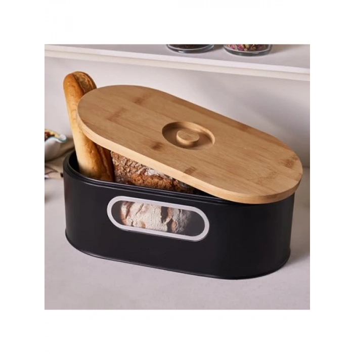Çelik Ekmek Kutusu ve Bambu Kesme Tahtası - 33,5 x 17,5 x 12,8 cm