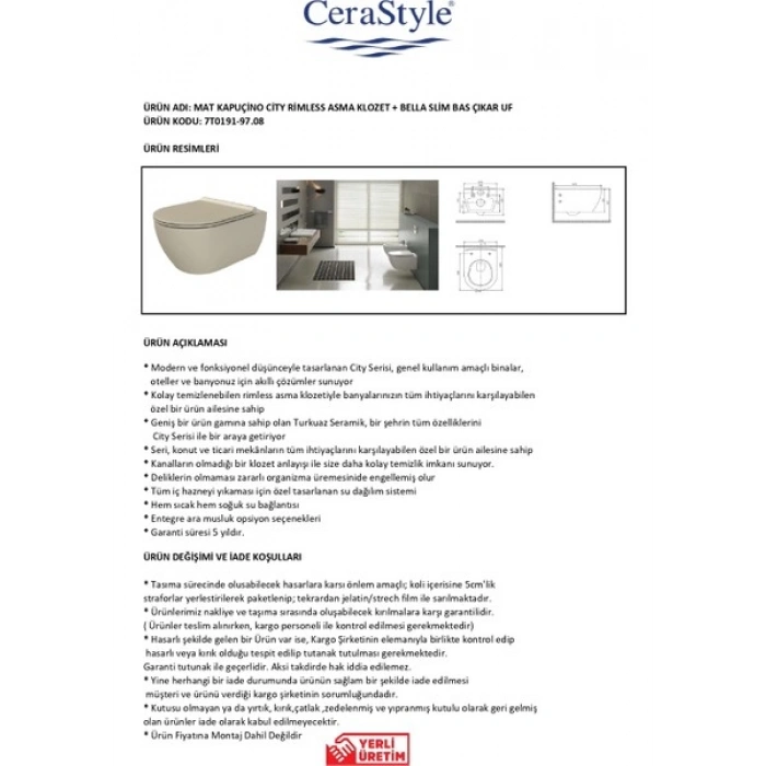 Cera Style Mat Kapuçino City Rimless Asma Klozet + Bella Slim Bas Çıkar Uf