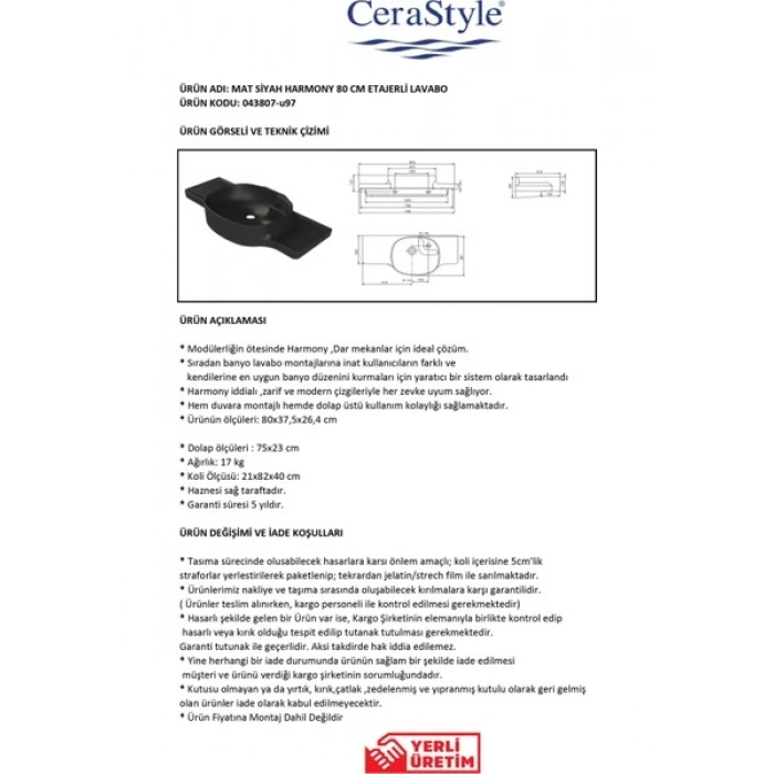 Cera Style Mat Siyah Harmony 80 cm Lavabo
