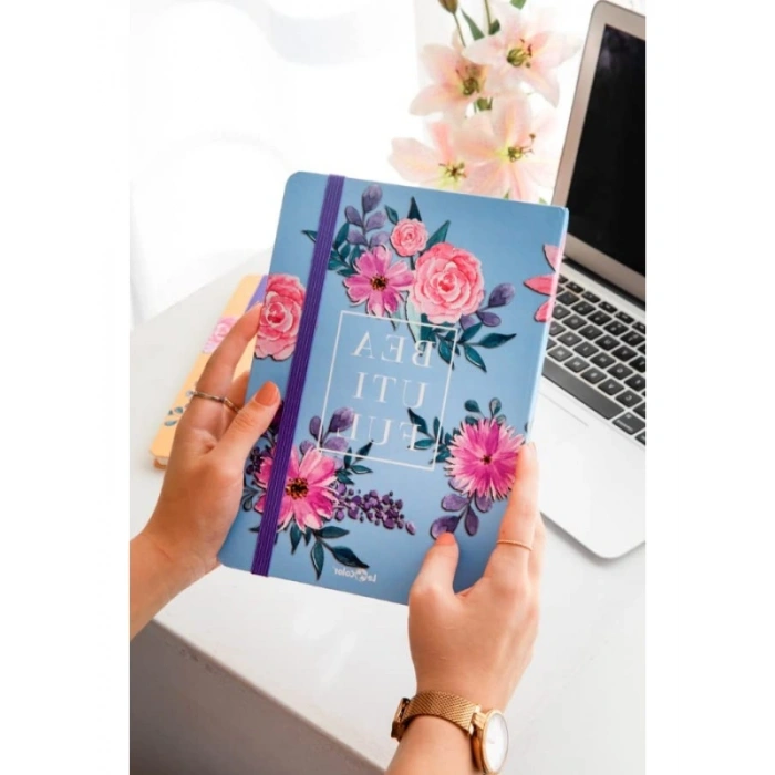 Çiçekli Kareli Defter - Mavi, 17x24 cm