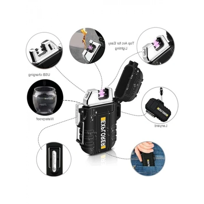 Çift Ark Çakmak - Su Geçirmez Şarjlı USB Elektrikli Alevsiz Çakmak