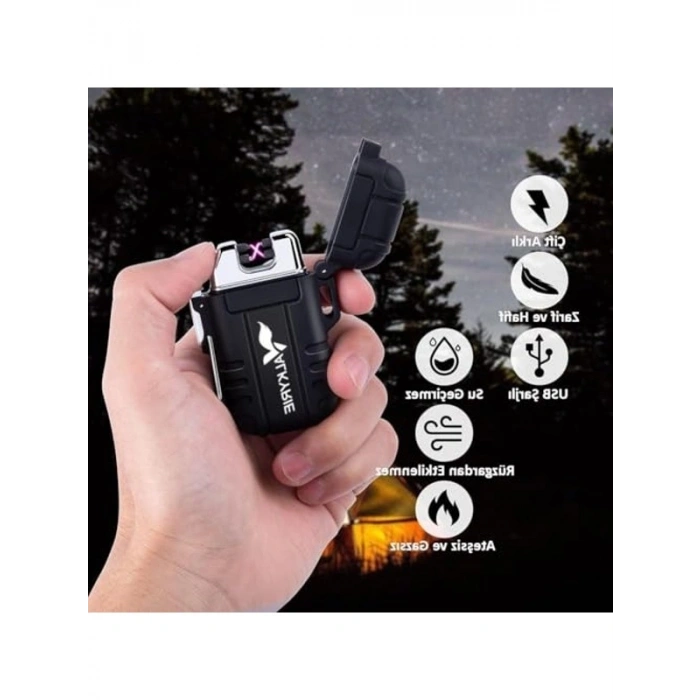 Çift Ark Çakmak - Su Geçirmez Şarjlı USB Elektrikli Alevsiz Çakmak