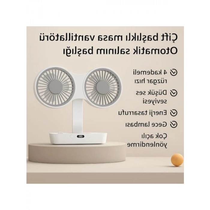 Çift Başlı Taşınabilir Fan - USB Şarjlı, LED Gece Lambası, 5000mAh Pil