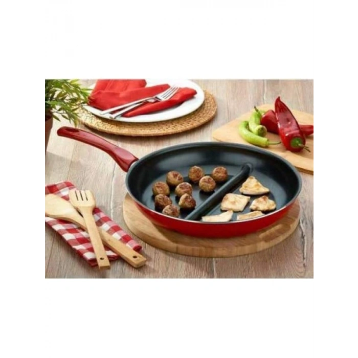 Çift Bölmeli Yapışmaz Tava - 30 cm, Kırmızı