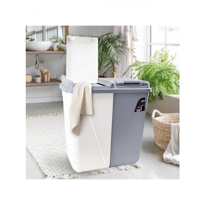 Çift Gözlü 90 Litre Plastik Çamaşır Sepeti, Gri-Beyaz