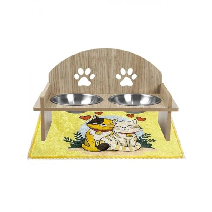 Çift Hazneli Ahşap Kedi Mama ve Su Kabı, Paspas ile