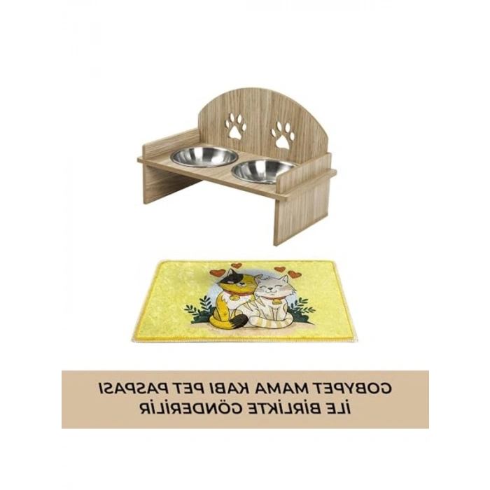 Çift Hazneli Ahşap Kedi Mama ve Su Kabı, Paspas ile