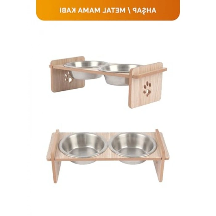 Çift Kaseli Pet Mama Kabı, Ahşap Stand, Paspas Hediyeli