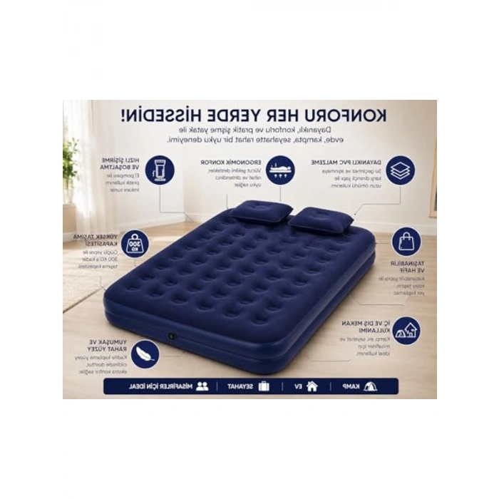 Çift Kişilik Şişme Yatak, 203x152x22 cm Boyutları ile Taşınabilir Konfor