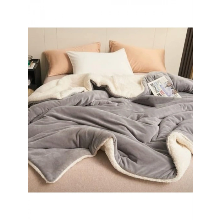 Çift Taraflı Sherpa Polar Battaniye (220 x 240 cm, Açık Gri)