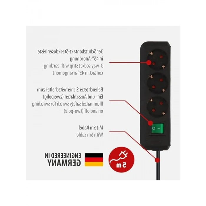 Çocuk Emniyetli 3lü Priz, 5 Metre Kablo Uzunluğu ile