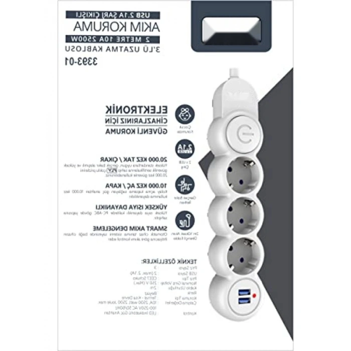 Çocuk Koruma Özellikli, Termal Akım Korumalı 3lü Priz, 2xUSB, 2m Kablo