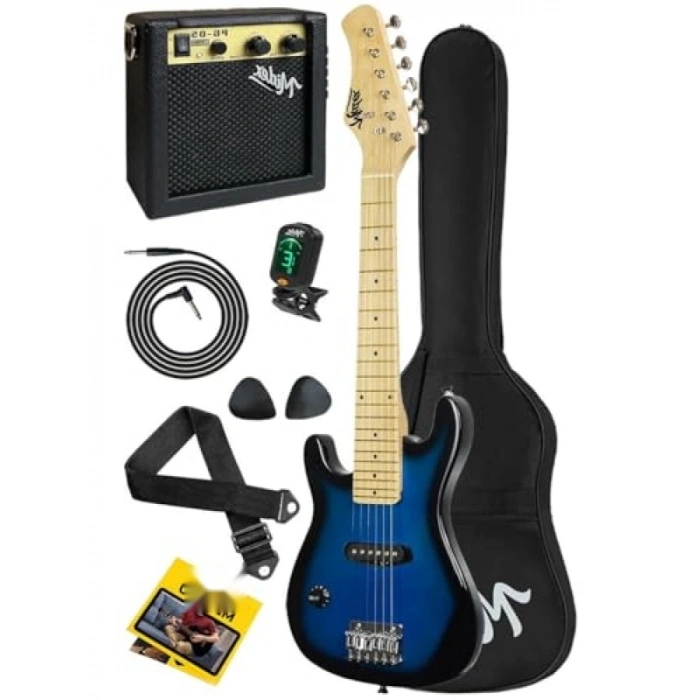Çocuklar İçin Mavi Siyah Amfili Elektro Gitar Seti - 30 İnç