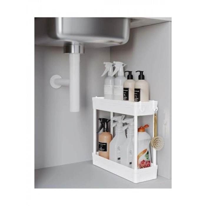 Çok Amaçlı 2 Katlı Evye Altı Düzenleyici Askılı Banyo Organizer Raf