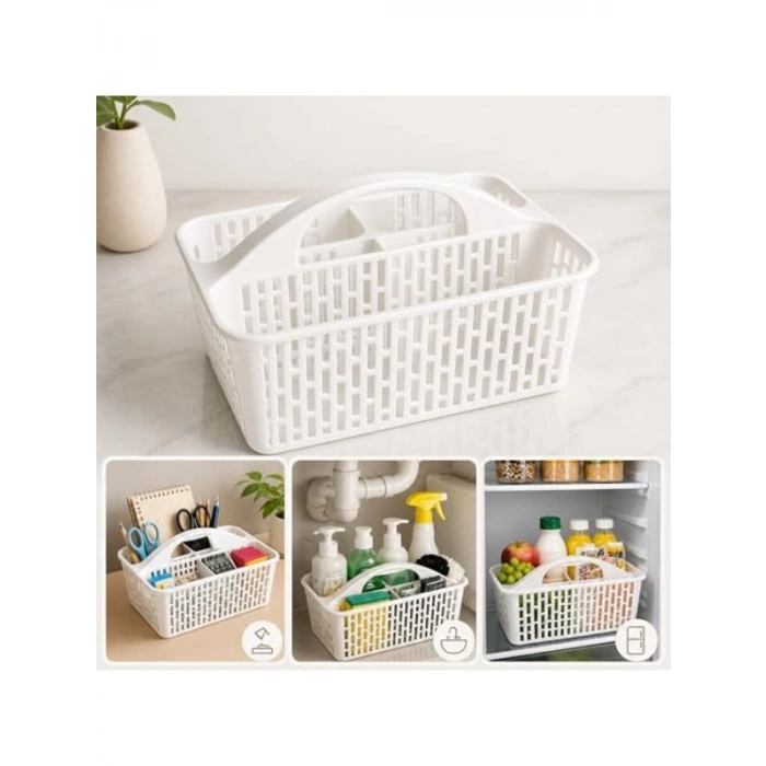 Çok Amaçlı 3 Bölmeli Kulplu Organizer Sepet, Beyaz Plastik