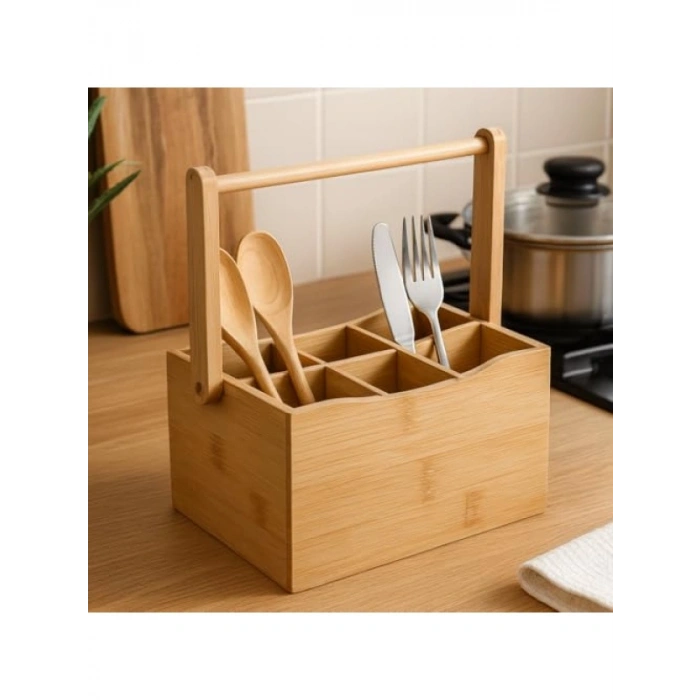 Çok Amaçlı Düzenleyici - 6 Bölmeli Bambu Taşıma Kulplu Caddy