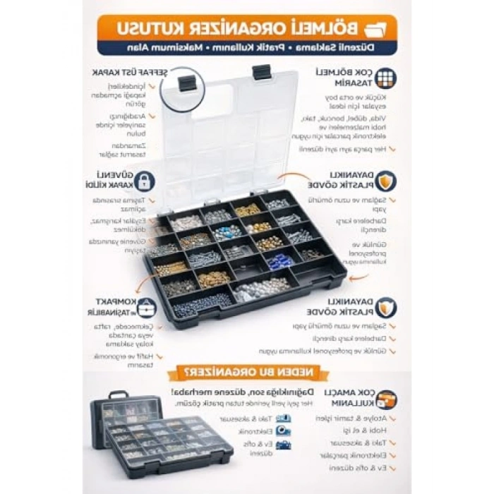 Çok Bölmeli Şeffaf Plastik Organizer Kutu, 32x25 cm