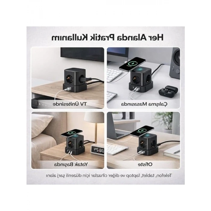 Çoklu Priz, 4 USB ve 2 Type-C Girişi ile Kablosuz Şarj Özelliği