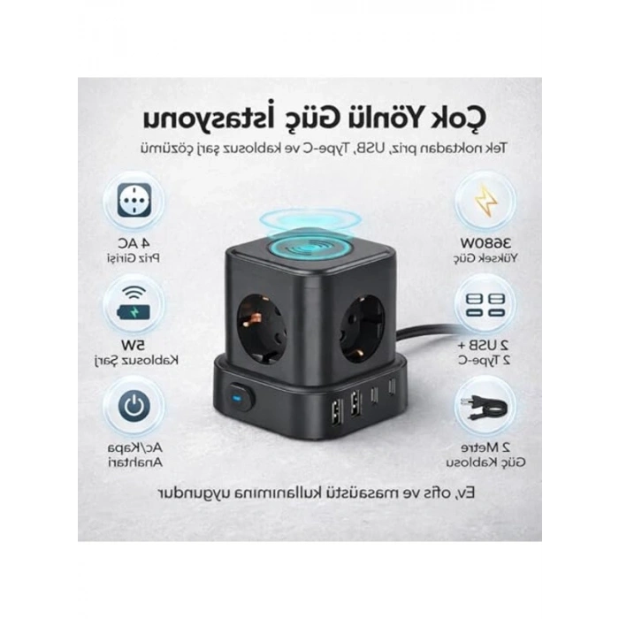 Çoklu Priz, 4 USB ve 2 Type-C Girişi ile Kablosuz Şarj Özelliği