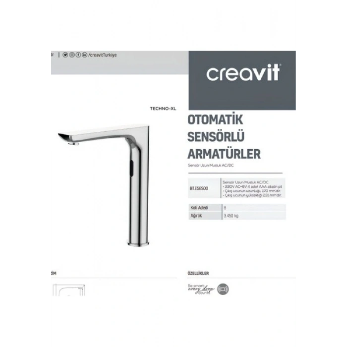 Creavit Fotoselli Uzun Lavabo Bataryası Tek Su Girişli ES6500