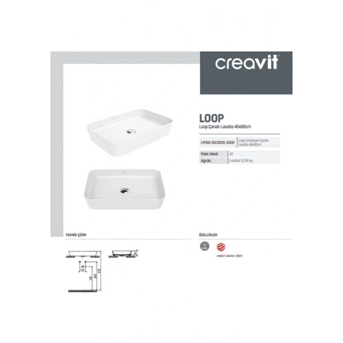 Creavit Loop Dikdörtgen Beyaz Deliksiz Lavabo 60 Cm LP060